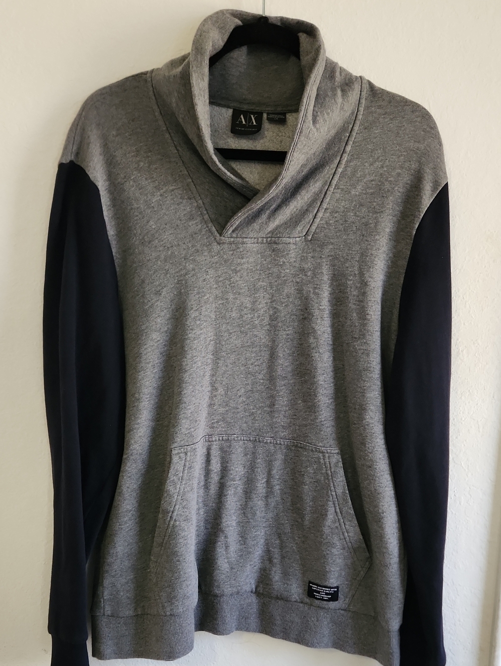 A/X Armani Exchange Mens Shawl Collar Fleece Pullover Sweatshirt Grey Navy Large